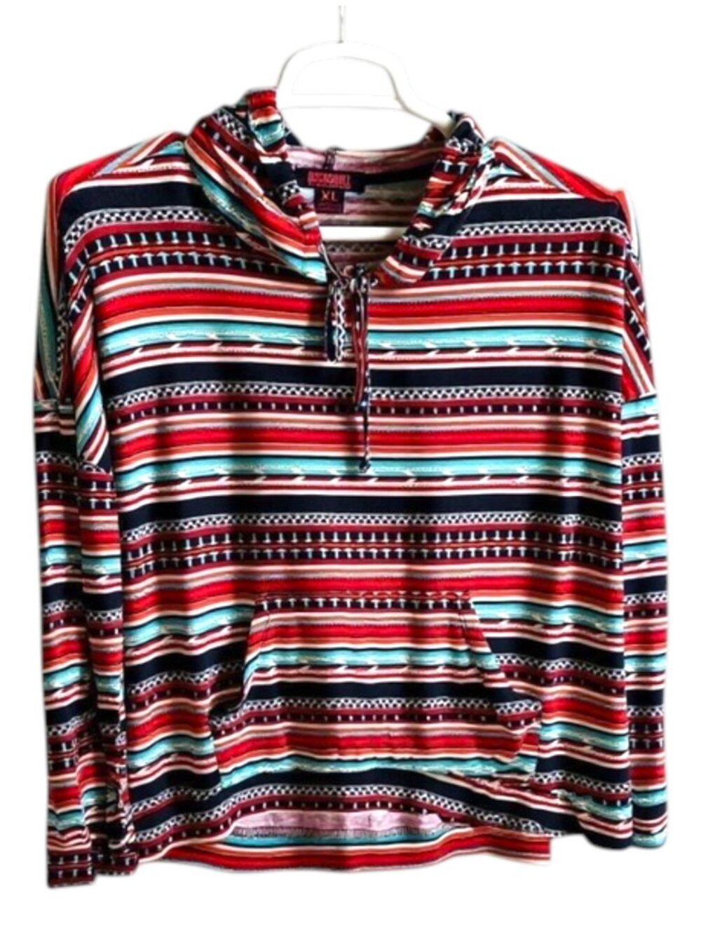 Rock & Roll Denim Aztec Red Blue Striped Loghtweight Hooded Pullover Size XL